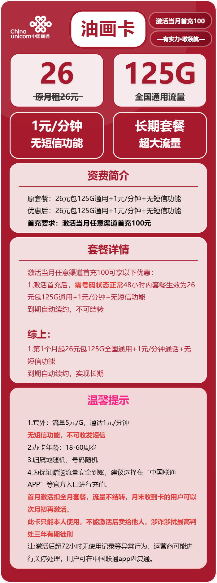 联通油画卡26元/月:125G流量+通话1元/分钟(长期套餐)