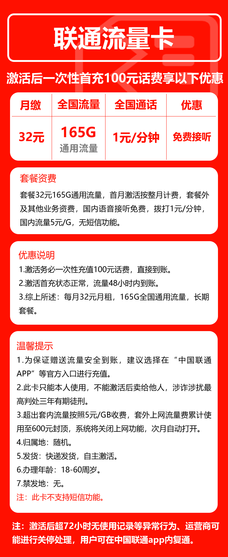 联通流量卡①32元/月:165G流量+通话1元/分钟(长期套餐)