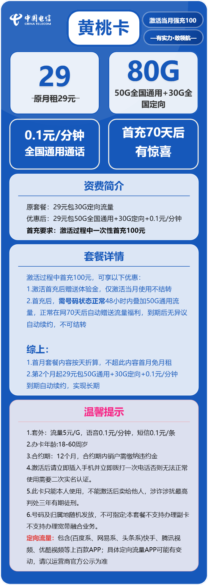电信黄桃卡29元/月:80G流量+通话0.1元/分钟(长期套餐,赠送流量福利)