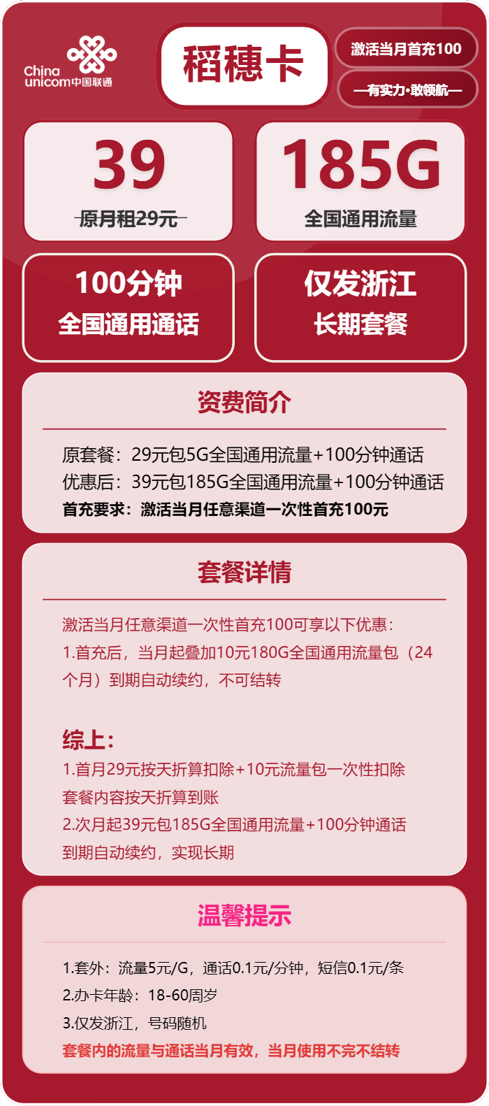 联通稻穗卡39元/月：185G流量+100分钟通话（长期套餐，仅发浙江省内）