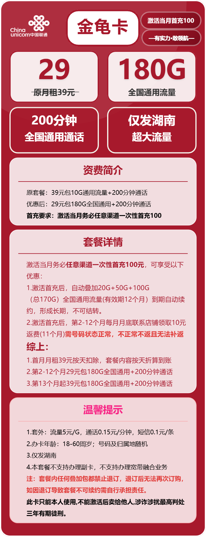 联通金龟卡29元/月:180G流量+200分钟通话(第13哥月起39元月租,长期套餐,仅发湖南省内)