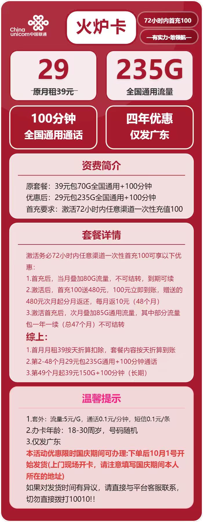 联通火炉卡29元/月:235G流量+100分钟通话(长期套餐,仅发广东省内)
