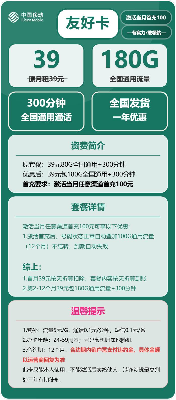 移动友好卡39元/月:180G流量+300分钟通话
