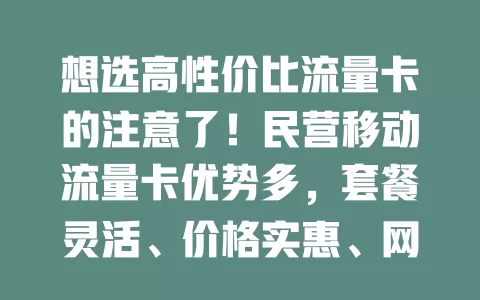 想选高性价比流量卡的注意了！民营移动流量卡优势多，套餐灵活、价格实惠、网速快且办理简便，是优质流量方案，别错过！