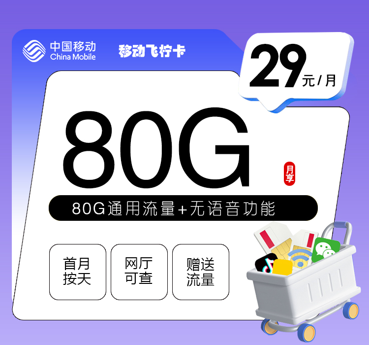 移动飞柠卡29元/月：80G流量+无语言功能