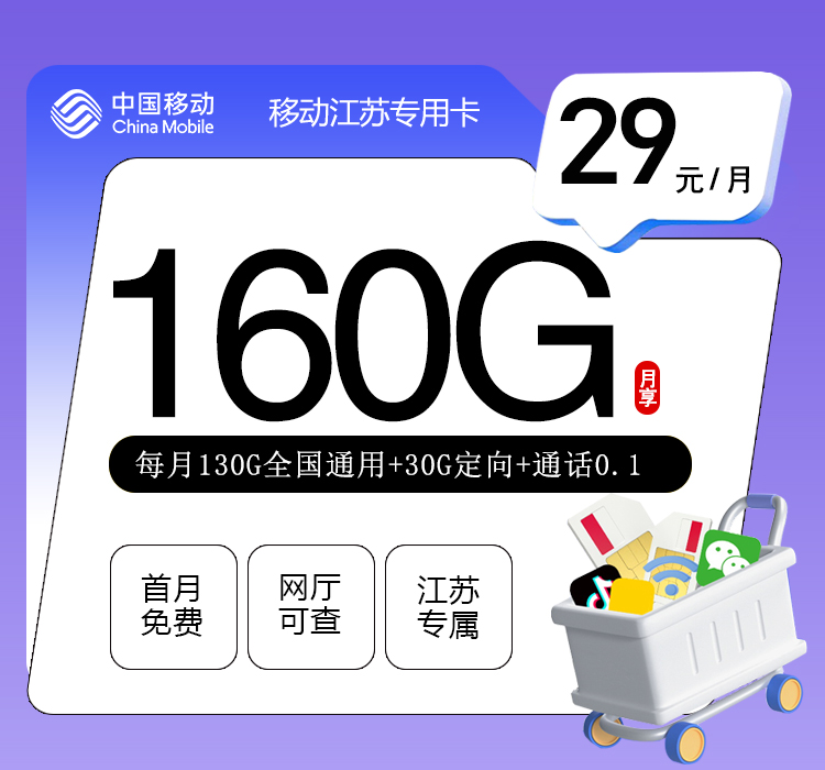 移动江苏专用卡②29元/月：160G流量+通话0.1元/分钟（第14个月起39元月租，仅发江苏省内，可选号）