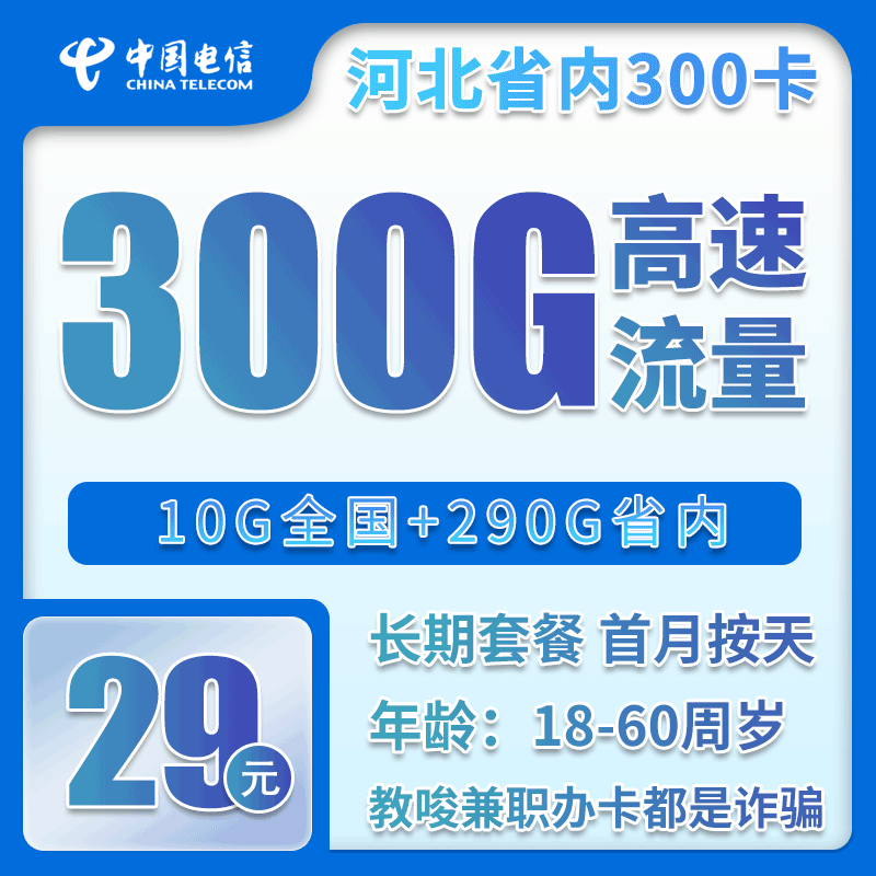 电信河北省内300卡29元/月：300G流量+无语言功能（仅发河北省内）