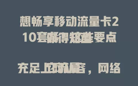 想畅享移动流量卡210套餐？这些要点你得知道

它流量充足上网从容，网络覆盖广信号稳，出差也不怕。客服有保障，选套餐却要依自身考量，流量通话按需看，了解需求才能发挥优势添便利