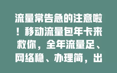 流量常告急的注意啦！移动流量包年卡来救你，全年流量足、网络稳、办理简，出差旅行也不愁