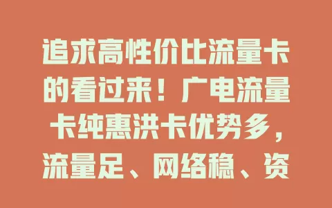 追求高性价比流量卡的看过来！广电流量卡纯惠洪卡优势多，流量足、网络稳、资费省、办理简、客服贴心，是你畅游网络世界的好选择！
