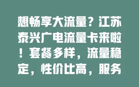 想畅享大流量？江苏泰兴广电流量卡来啦！套餐多样，流量稳定，性价比高，服务贴心，上网达人别错过！