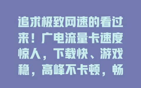 追求极致网速的看过来！广电流量卡速度惊人，下载快、游戏稳，高峰不卡顿，畅享高速网络