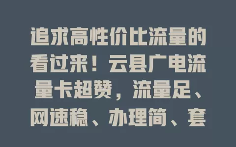 追求高性价比流量的看过来！云县广电流量卡超赞，流量足、网速稳、办理简、套餐多，助你开启精彩网络之旅