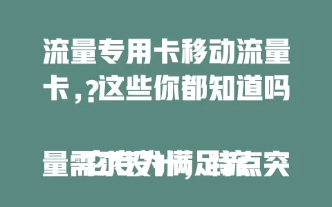流量专用卡移动流量卡，这些你都知道吗？

它专为满足流量需求设计，特点突出，多场景适用。与其他卡相比优势独特，网络覆盖广信号稳。选卡时考虑流量用量、速度稳定性和费用，选性价比高的让网络生活更美好