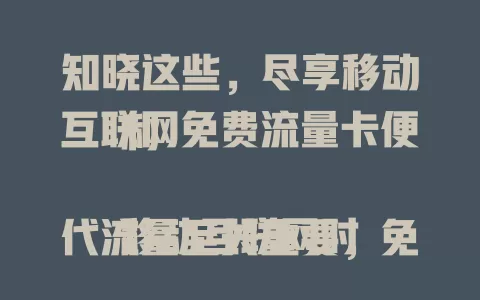知晓这些，尽享移动互联网免费流量卡便利

移动互联网时代流量至关重要，免费流量卡是优选。它打破套餐局限，视频、游戏、社交皆出色，使用场景广，凭免费流量优势打造便捷环境，助你开启美好数字生活 。