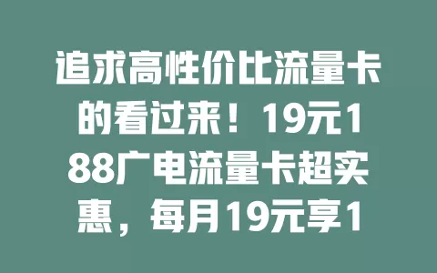 追求高性价比流量卡的看过来！19元188广电流量卡超实惠，每月19元享188G，网络稳定，城乡通用，让你放心畅享网络，快来试试！