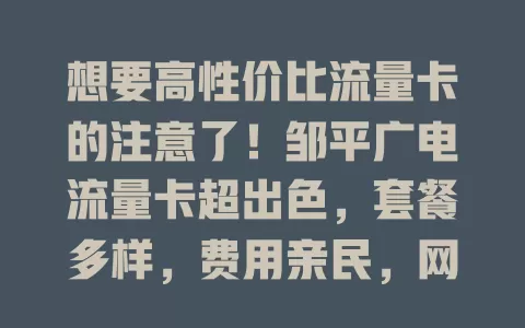 想要高性价比流量卡的注意了！邹平广电流量卡超出色，套餐多样，费用亲民，网络覆盖广，服务贴心，是选流量卡的优质之选，带来便捷实惠上网体验