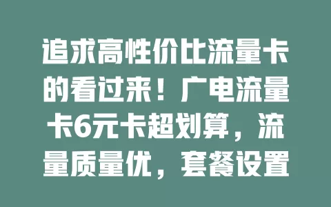 追求高性价比流量卡的看过来！广电流量卡6元卡超划算，流量质量优，套餐设置合理，无捆绑消费，满足少量流量需求，刷新闻聊微信轻松应对，畅享网络还能省开支！
