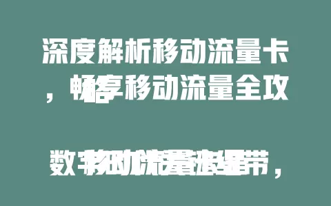 深度解析移动流量卡，畅享移动流量全攻略

移动流量卡是数字时代关键纽带，流量充足稳定，套餐多样。旅行、工作、生活皆便利，选卡时关注有效期等要点，助你实现移动流量自由畅享