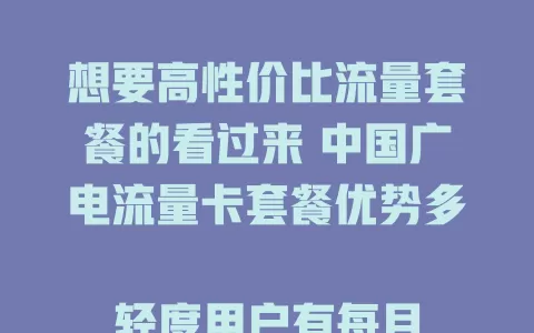 想要高性价比流量套餐的看过来 中国广电流量卡套餐优势多

轻度用户有每月几十GB基础套餐，费用低性价比高。流量大户有几百GB大容量套餐，追剧玩游戏不愁流量。网络稳定，费用亲民，套餐灵活，是优质上网选择！