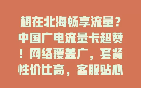 想在北海畅享流量？中国广电流量卡超赞！网络覆盖广，套餐性价比高，客服贴心，助你便捷享受数字化生活