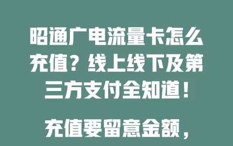 昭通广电流量卡怎么充值？线上线下及第三方支付全知道！

充值要留意金额，选准额度，关注是否成功。遇问题及时联系客服，多种充值途径任你选，畅享网络便利！