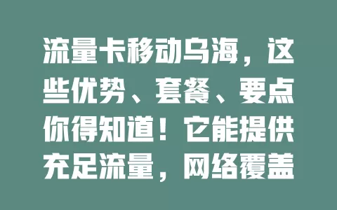流量卡移动乌海，这些优势、套餐、要点你得知道！它能提供充足流量，网络覆盖广，套餐多样。办理简便，售后贴心。选时要了解套餐详情，关注信号质量，畅享数字化便利