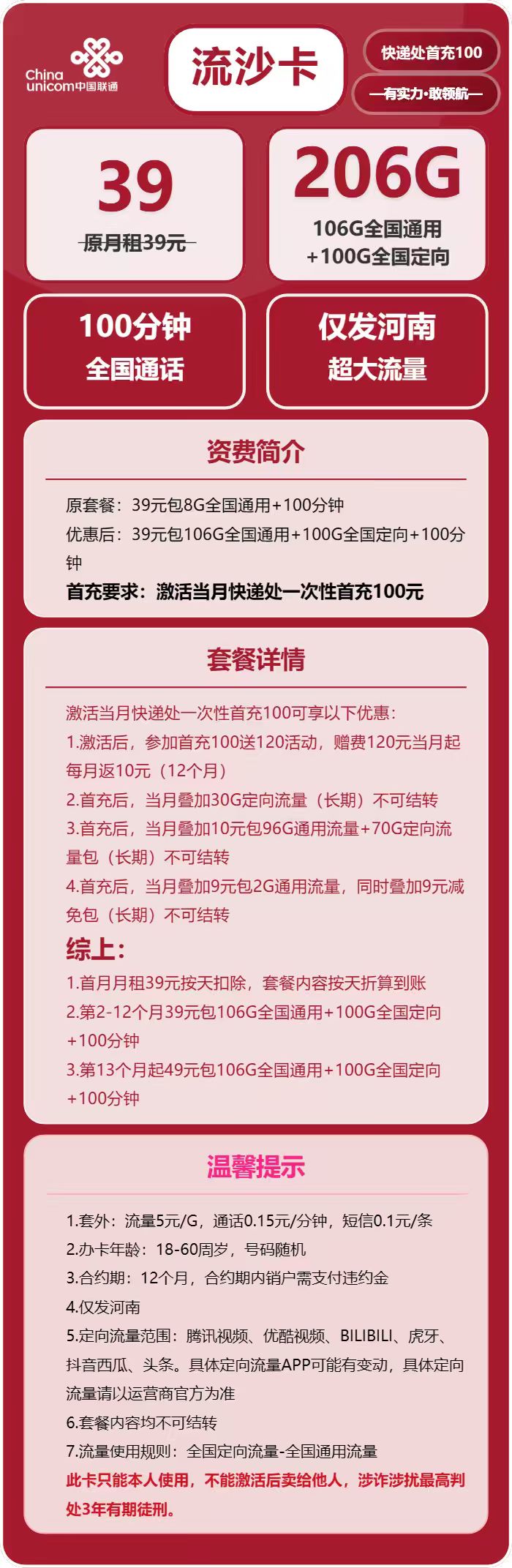 联通流沙卡39元/月:206G流量+100分钟通话(第13个月起39元月租,长期套餐,仅发河南省内)
