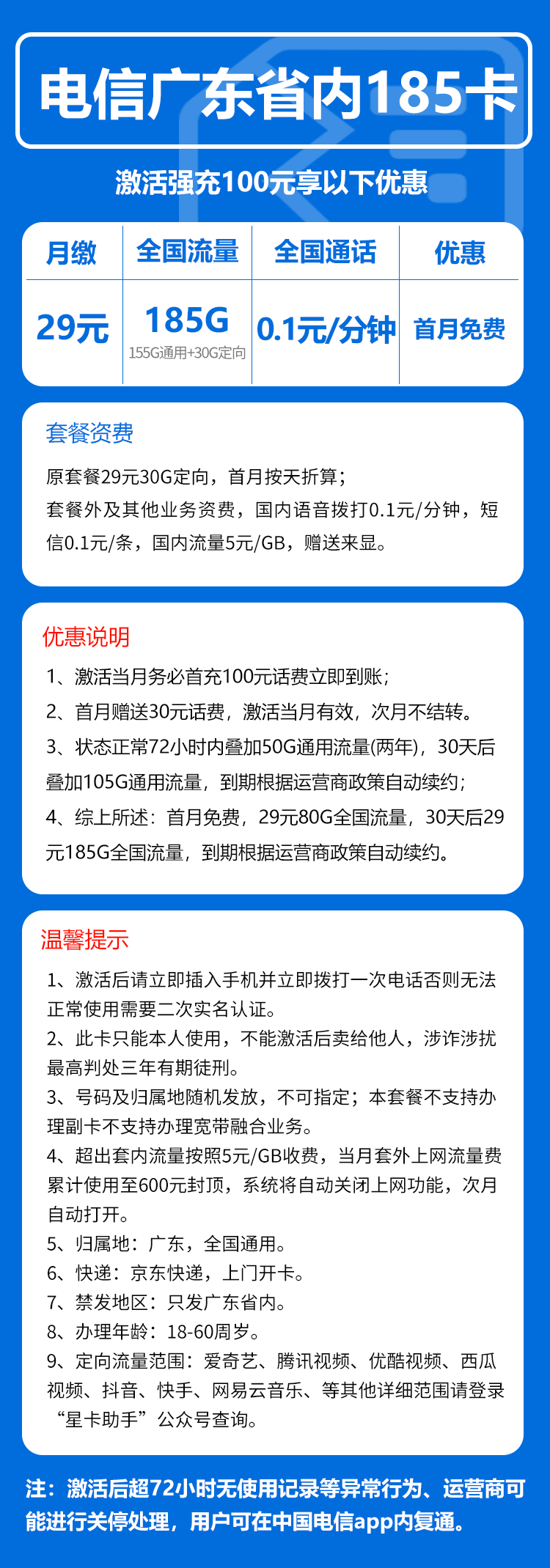 电信广东省内185卡29元/月:185G流量+通话0.1元/分钟(长期套餐,部分流量30天后叠加,仅发广东省内)