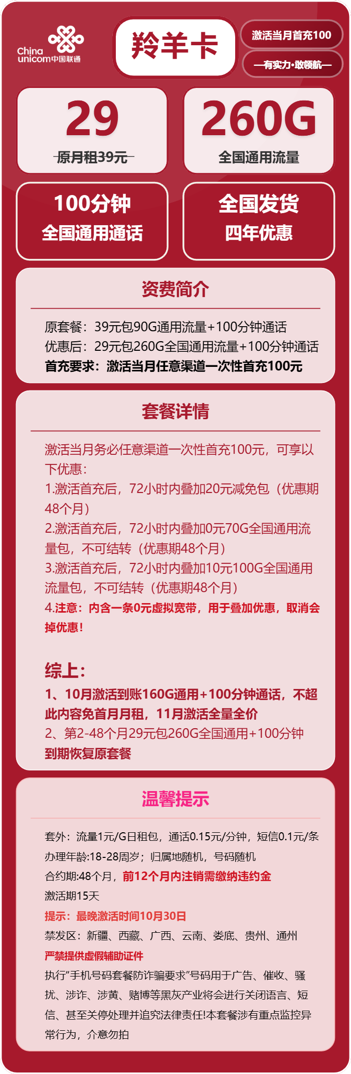 联通羚羊卡29元/月:260G流量+100分钟通话(4年套餐,需提供学生证)