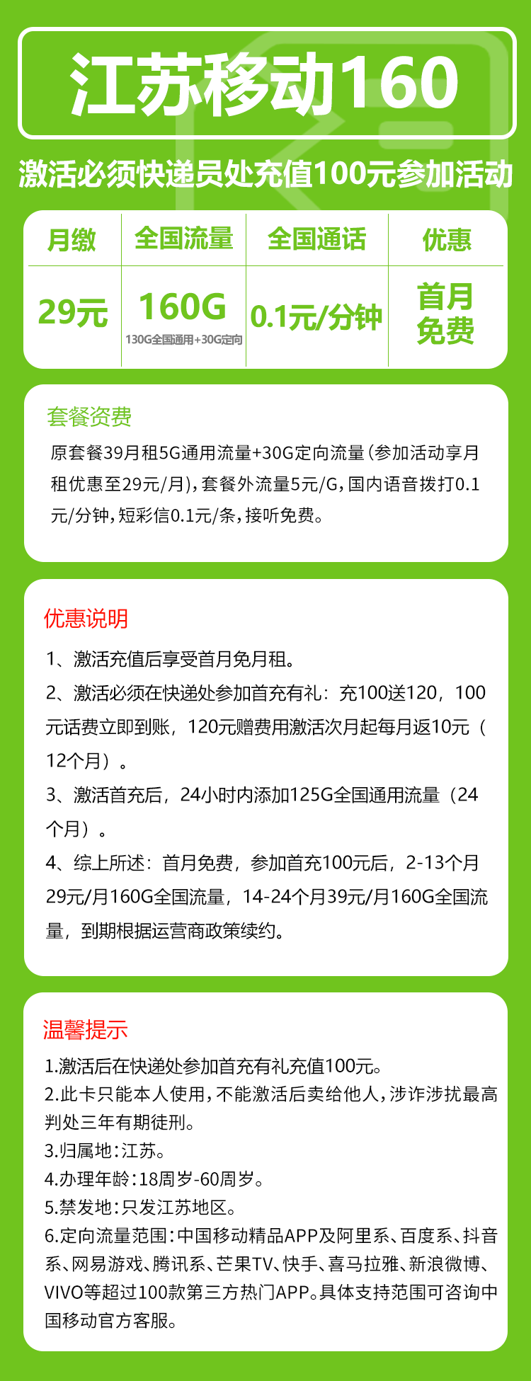 移动江苏160卡29元/月:160G流量+通话0.1元/分钟(第14个月起39元月租,仅发江苏省内,可选号)