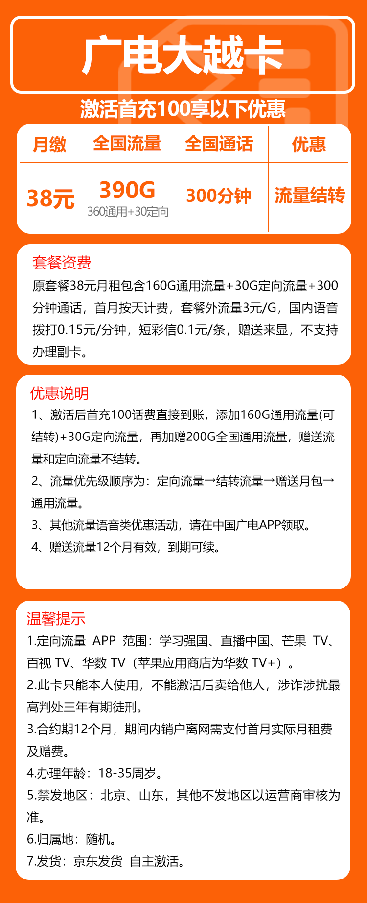 广电大越卡⑤38元/月:390G流量+300分钟通话(长期套餐,流量可结转)