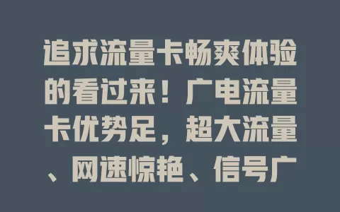 追求流量卡畅爽体验的看过来！广电流量卡优势足，超大流量、网速惊艳、信号广，套餐灵活，畅享网络无压力，赶紧体验这畅爽！