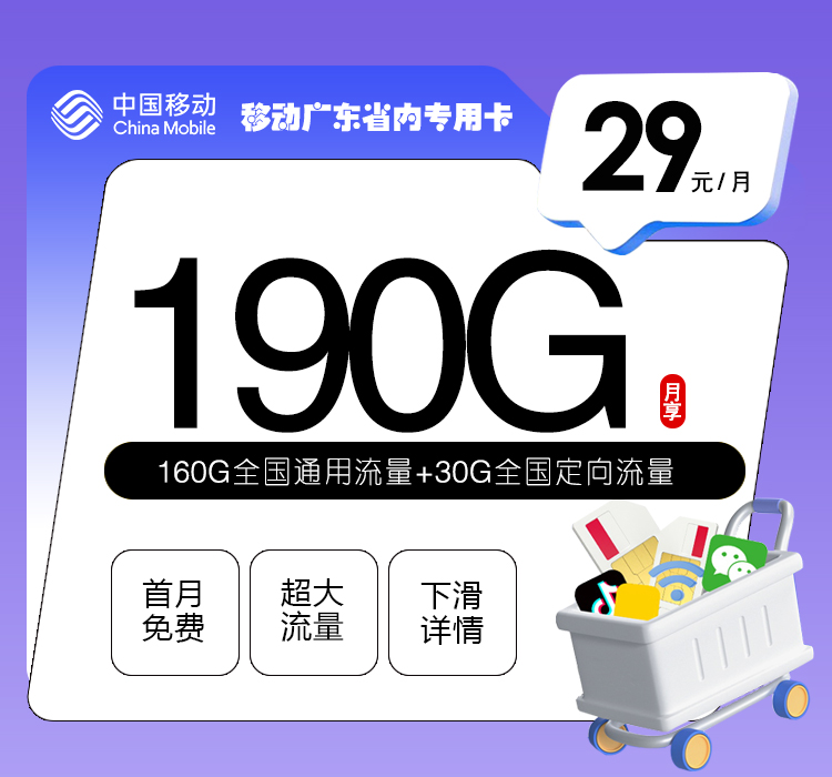 移动广东省内专用卡②29元/月：190G流量+通话0.19元/分钟（2年套餐，收货地为归属地，仅发广东省内）
