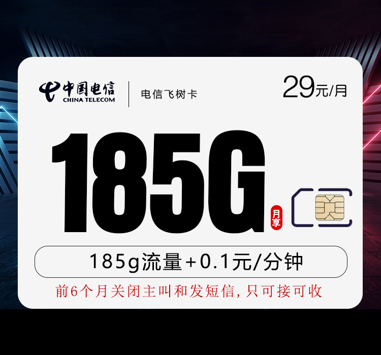 电信飞树卡29元/月：185G流量+通话0.1元/分钟（2年套餐）