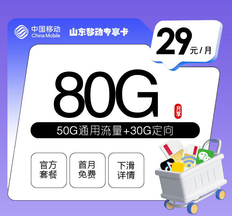 移动山东专享卡29元/月：80G流量+通话0.1元/分钟（仅发山东省内）