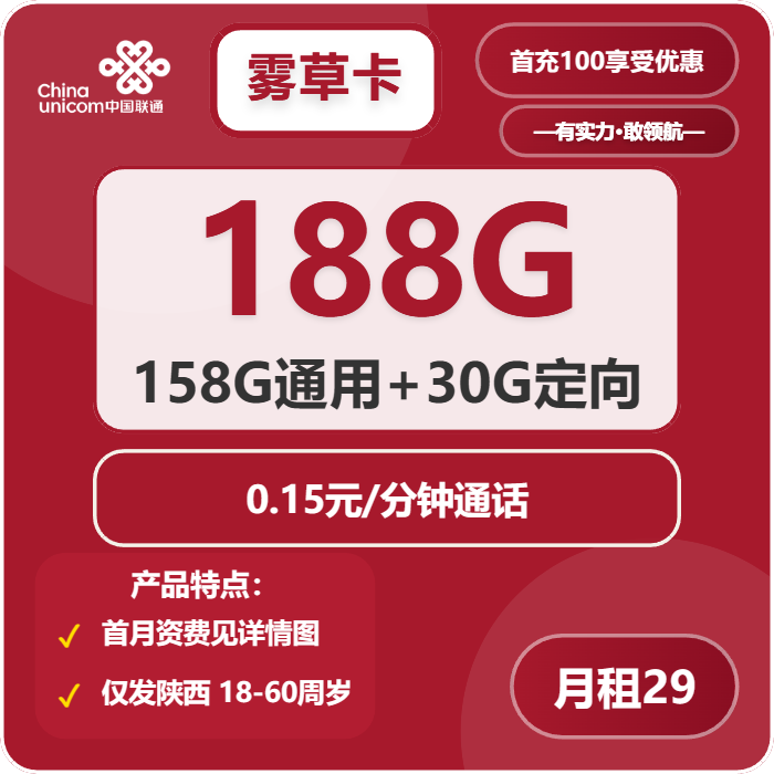 联通雾草卡29元/月：188G流量+通话0.15元/分钟（第7个月起39元月租，长期套餐，仅发陕西省内，可选号）