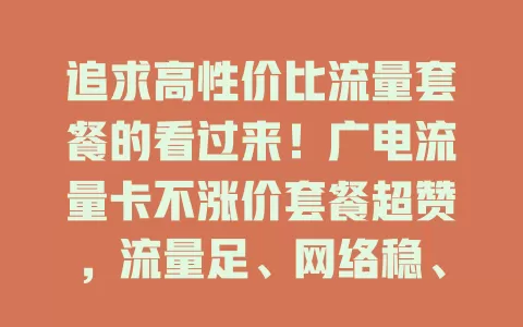 追求高性价比流量套餐的看过来！广电流量卡不涨价套餐超赞，流量足、网络稳、服务好，费用清晰无压力，性价比超高，别错过！