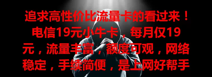追求高性价比流量卡的看过来！电信19元小牛卡，每月仅19元，流量丰富，额度可观，网络稳定，手续简便，是上网好帮手，让网络生活更便捷精彩！