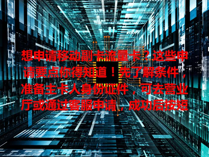 想申请移动副卡流量卡？这些申请要点你得知道！先了解条件，准备主卡人身份证件，可去营业厅或通过客服申请，成功后按短信提示激活，按流程操作就能顺利拥有。