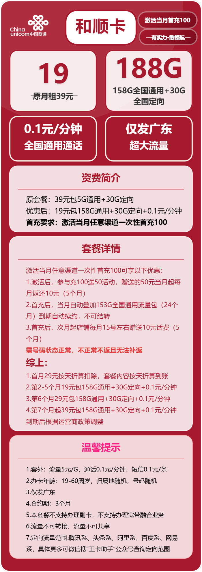 联通和顺卡19元/月:188G流量+通话0.1元/分钟(第7个月起39元月租,长期套餐,仅发广东省内)