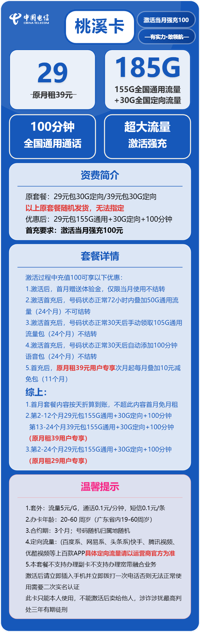 电信桃溪卡29元/月:185G流量+100分钟通话(2年套餐)
