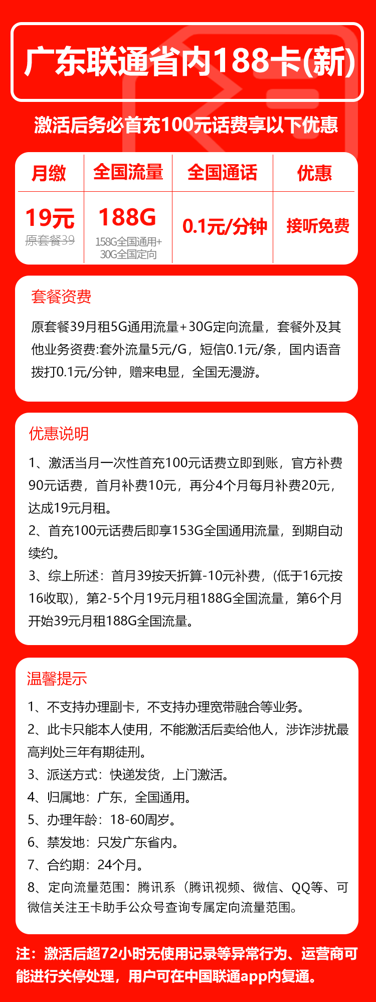 联通广东省内188卡④19元/月:188G流量+通话0.1元/分钟(第6个月起39元月租,长期套餐,仅发广东省内,可选号)