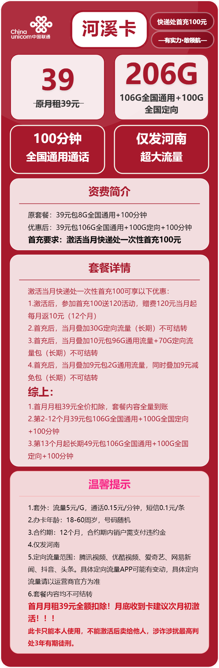 联通河溪卡39元/月:206G流量+100分钟通话(第13个月起49元月租,长期套餐,仅发河南省内)