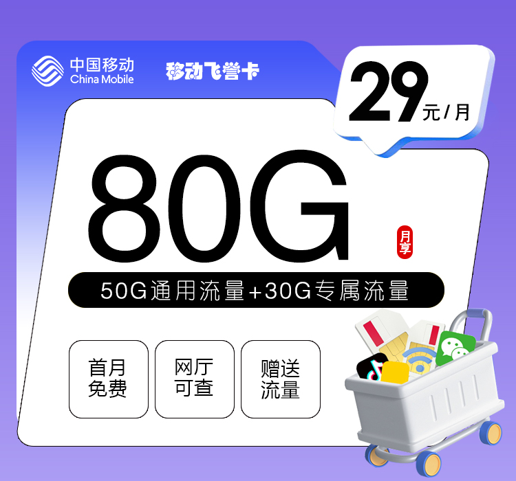 移动飞誉卡29元/月：80G流量+通话0.1元/分钟（收货地为归属地，可选号）