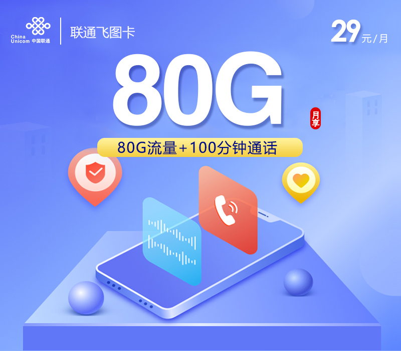 联通飞图卡29元/月：80G流量+100分钟通话（收货地为归属地）