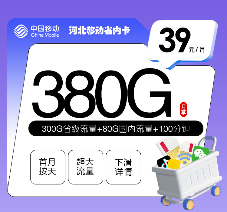 移动河北省内卡39元/月：380G流量+100分钟通话（3年套餐，仅发河北省内）
