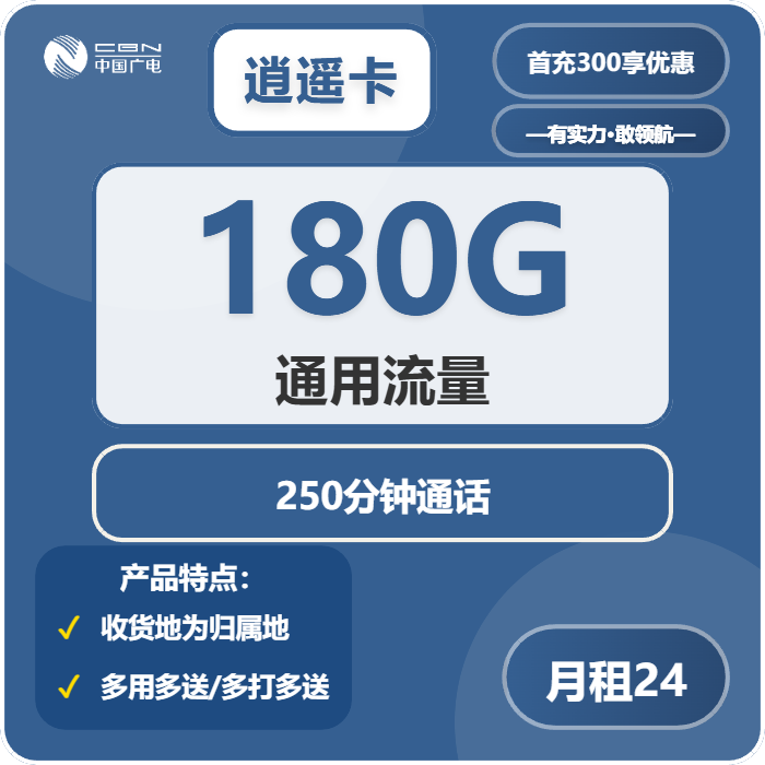 广电逍遥卡24元/月：180G流量+250分钟通话（长期套餐，收货地为归属地，流量可结转，可选号）