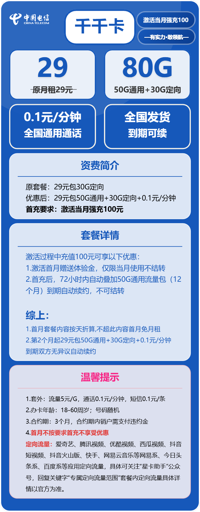 电信千千卡29元/月：80G流量+通话0.1元/分钟（长期套餐）