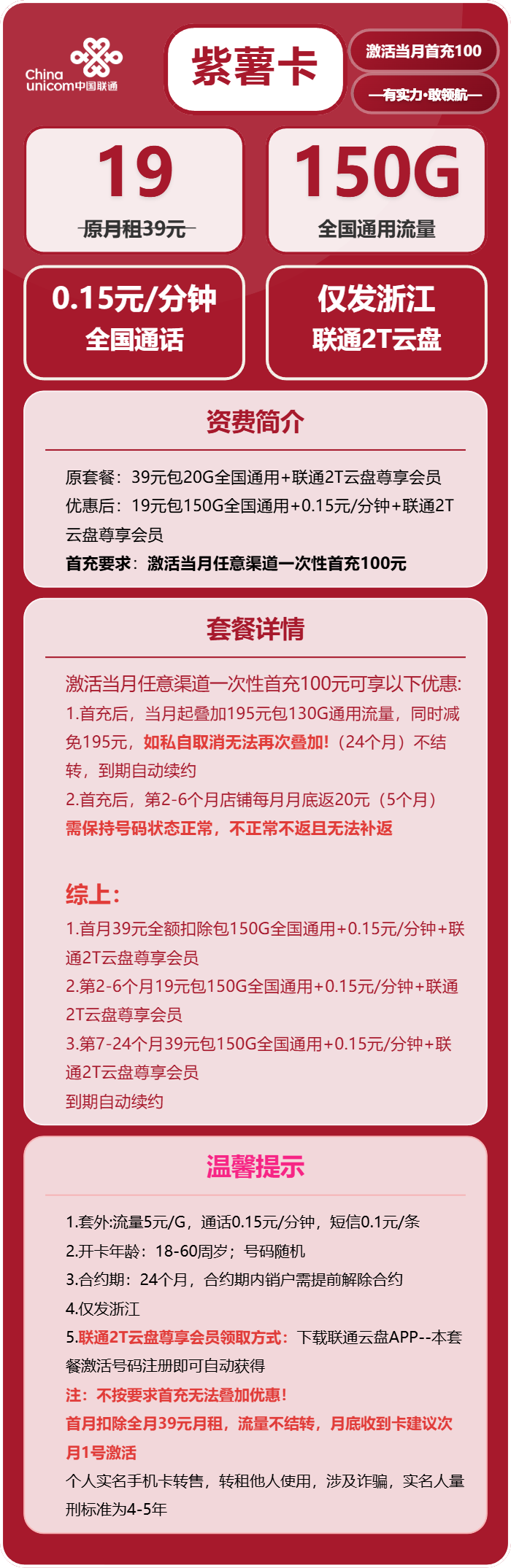 联通紫薯卡19元/月:150G流量+通话0.15元/分钟(第7个月起39元月租,长期套餐,仅发浙江省内)